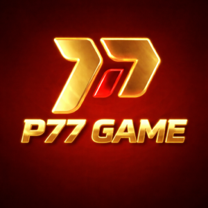 P77 Game logo with golden 77 design on a red background